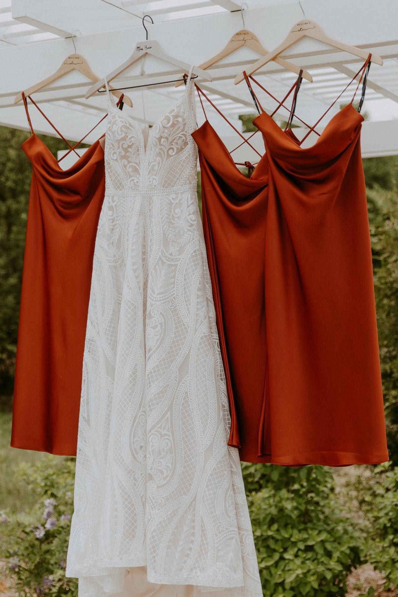 Spaghetti Straps Cowl Neck Tea-Length Sheath Bridesmaid Dresses