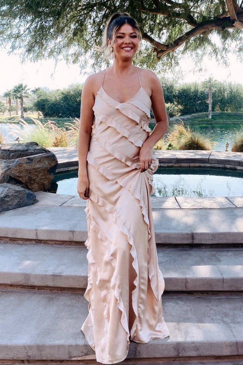 Straps Sheath Ruffle Maxi Bridesmaid Dresses