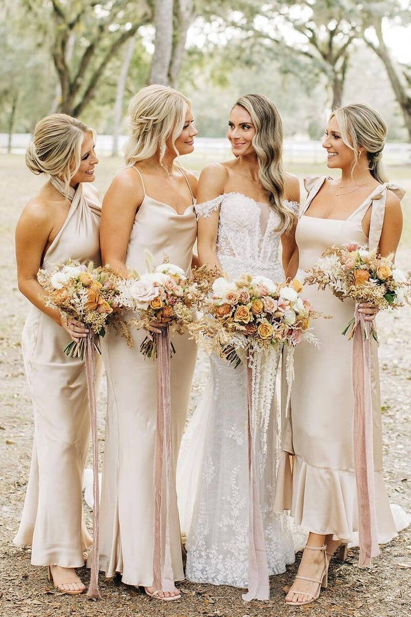 Sheath Satin Long Mismatch Bridesmaid Dresses