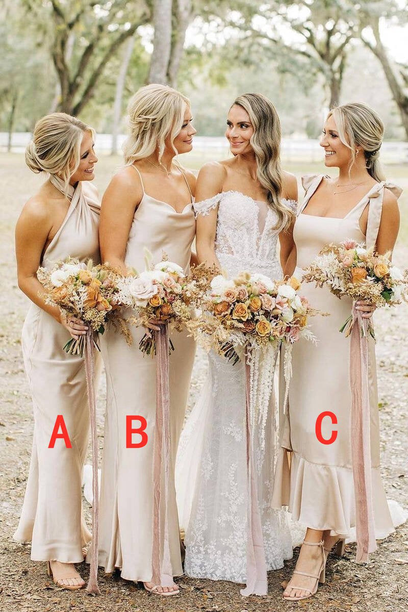 Sheath Satin Long Mismatch Bridesmaid Dresses