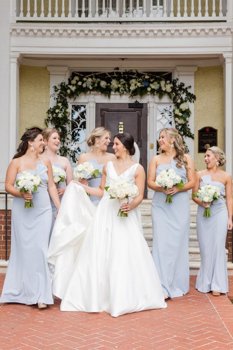 Strapless Tie Front Sheath Long Bridesmaid Dresses
