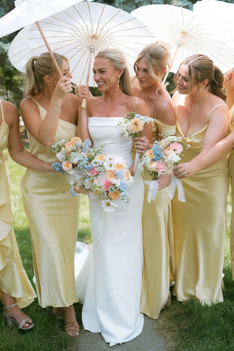 Sheath Silk Satin Long Bridesmaid Dresses