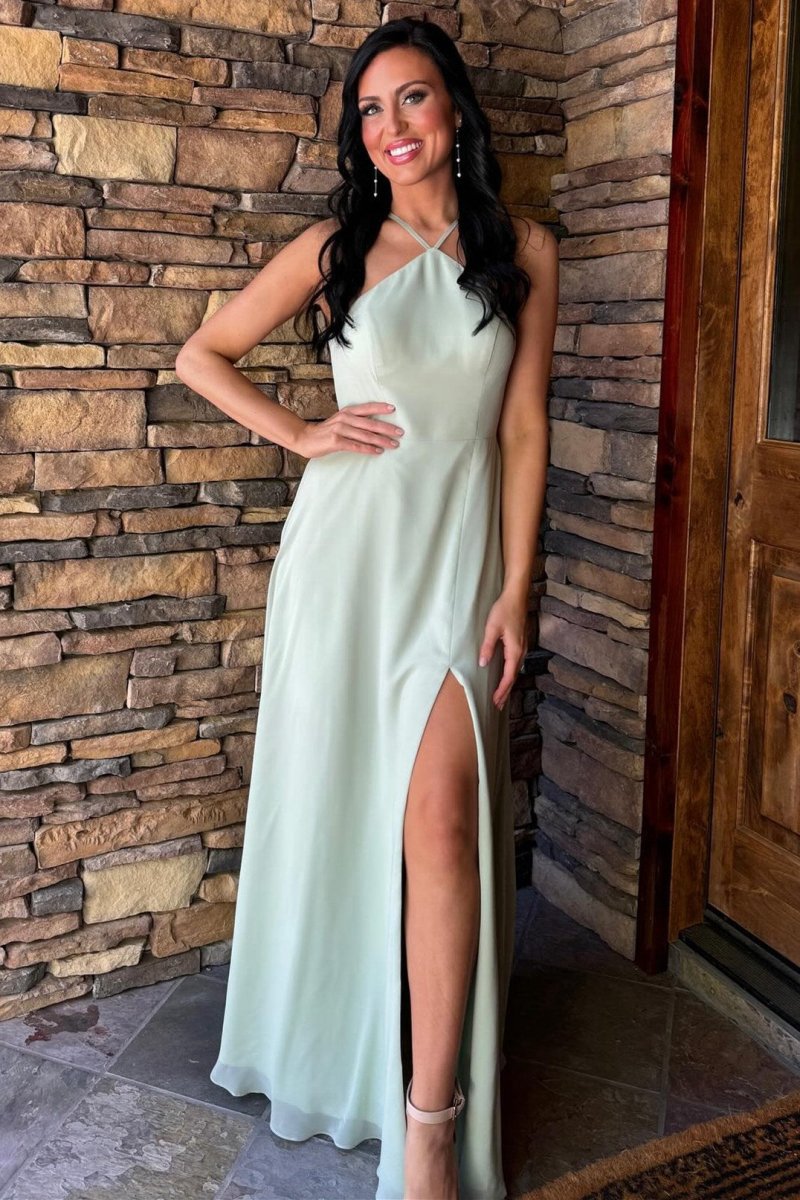 Sheath Sage Halter Chiffon Wedding Guest Dresses with Slit