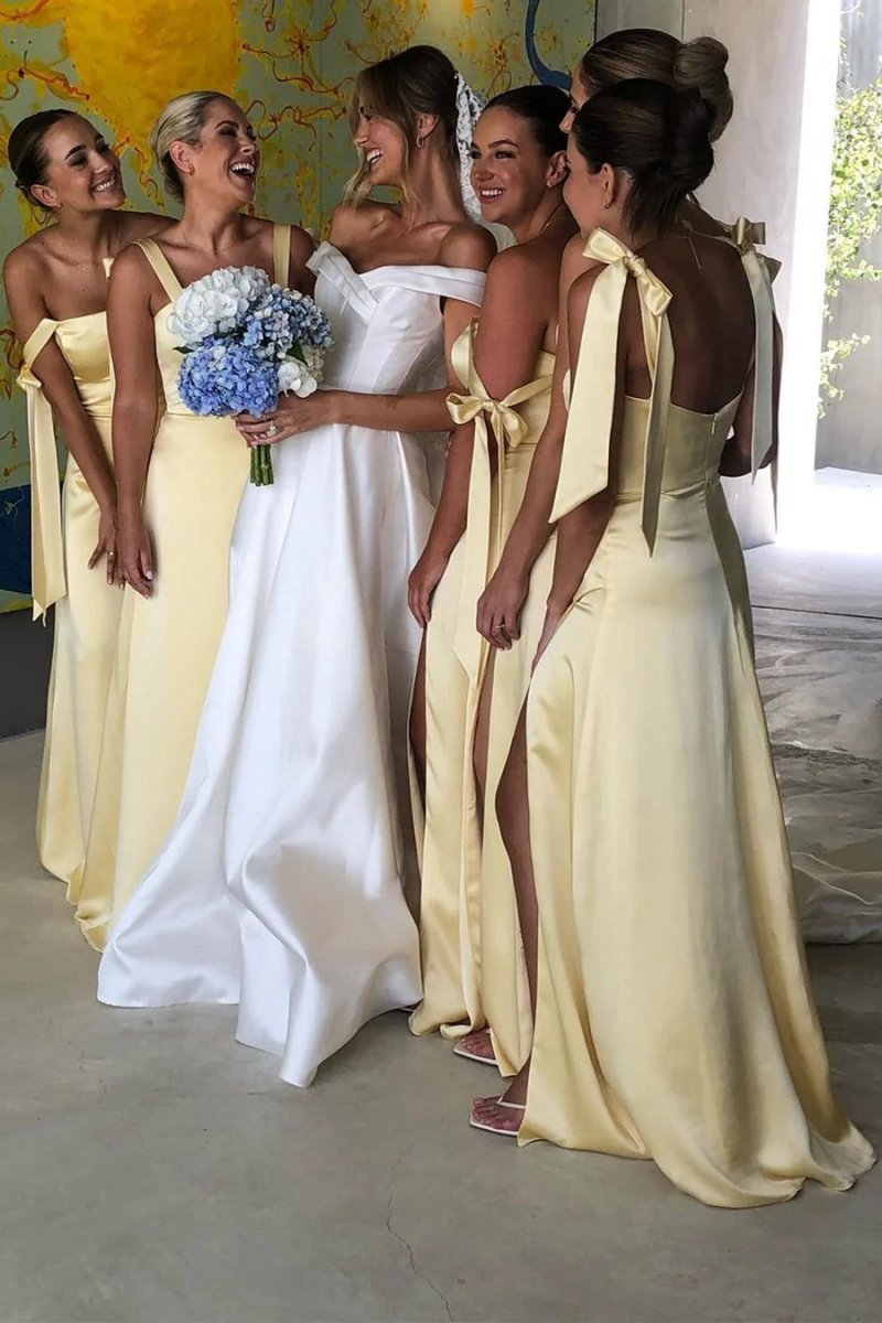 Sheath Straps Satin Long Bridesmaid Dresses with Slit