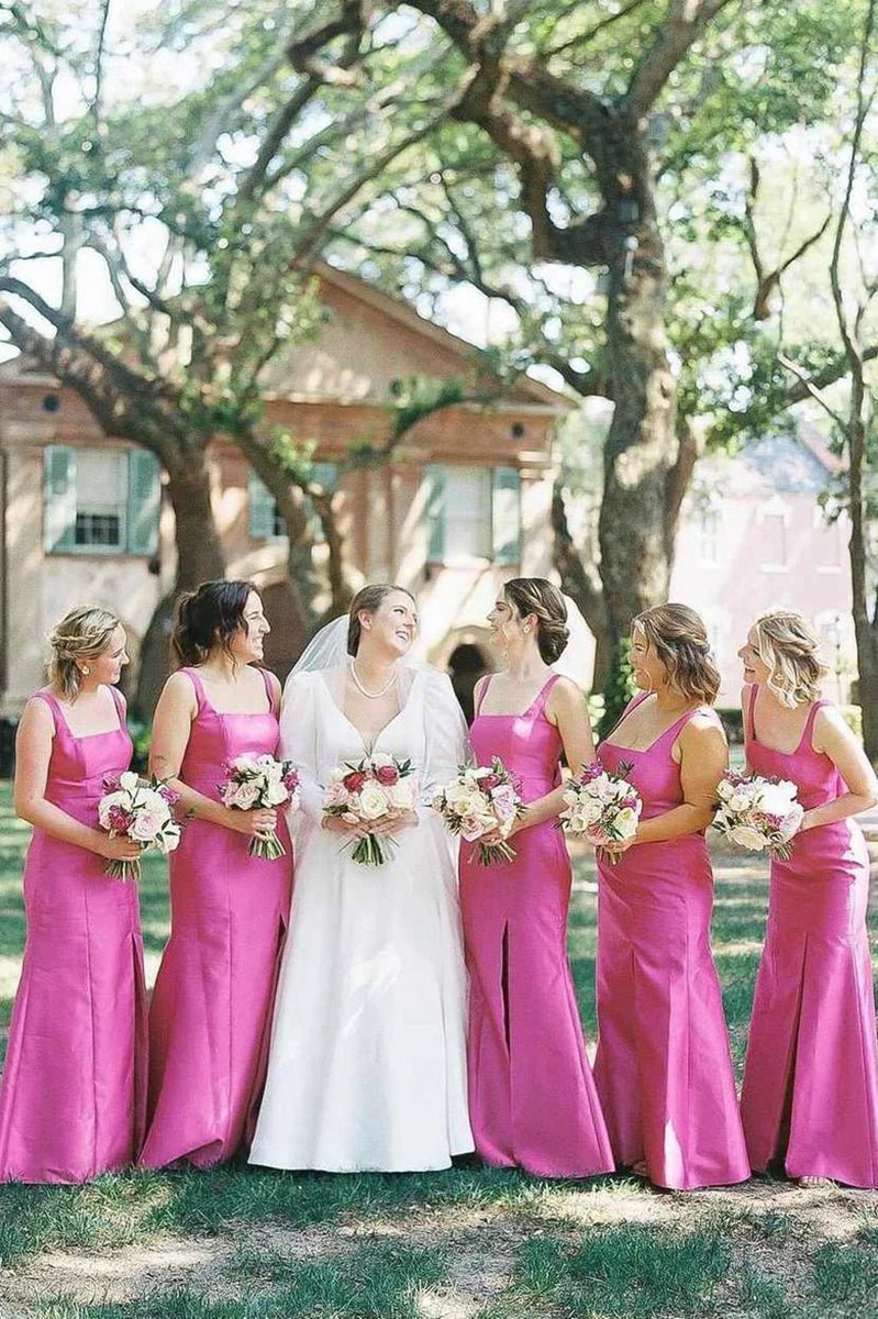 Sheath Square Neck Satin Bridesmaid Dresses with Bow