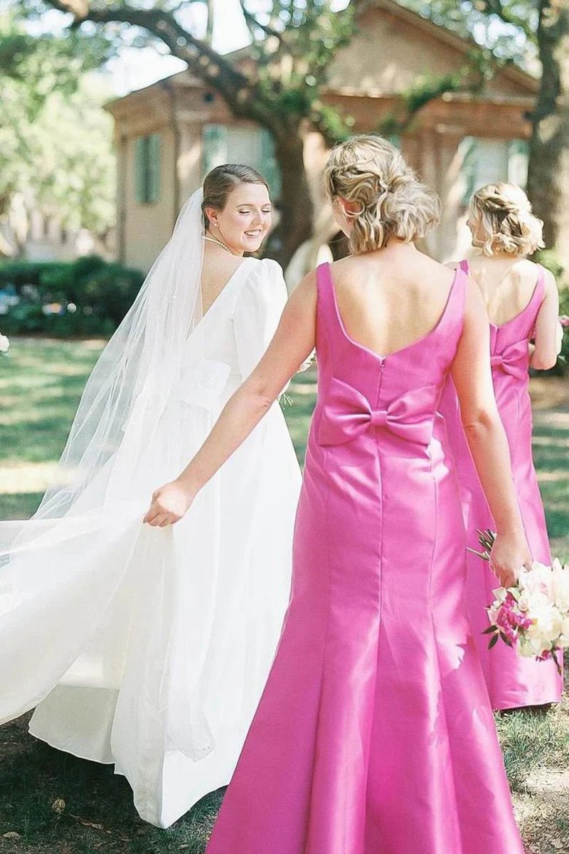 Sheath Square Neck Satin Bridesmaid Dresses with Bow