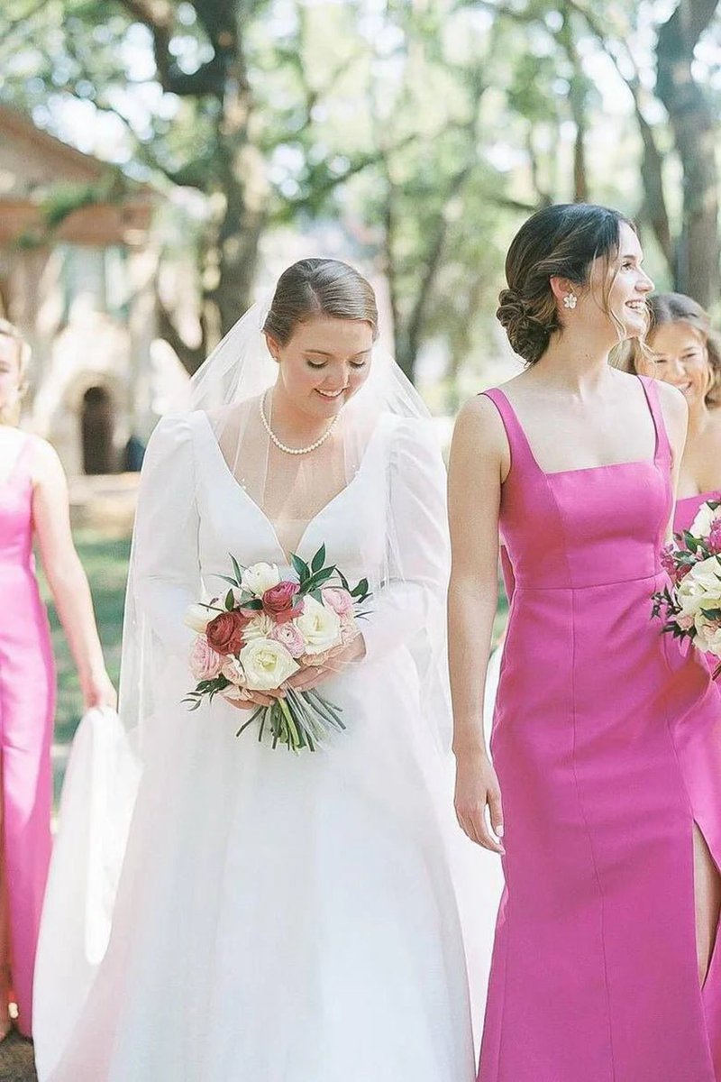 Sheath Square Neck Satin Bridesmaid Dresses with Bow