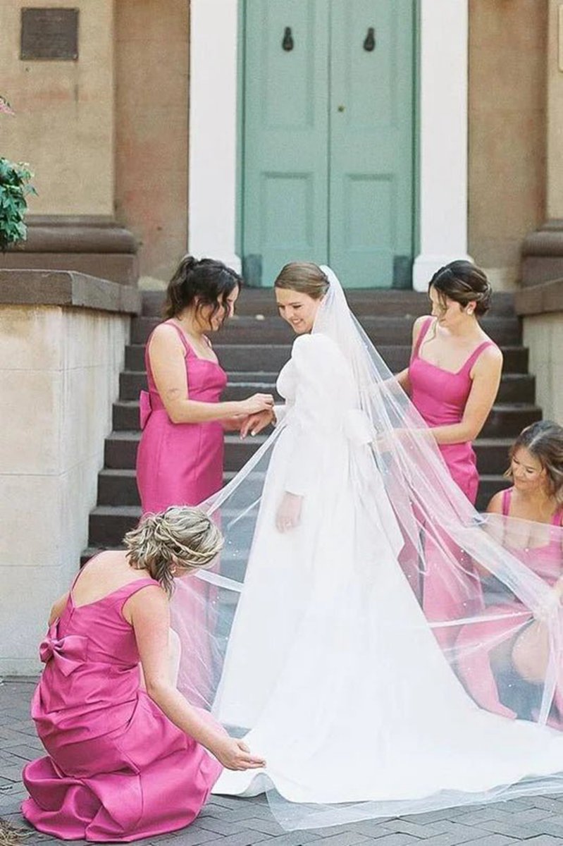 Sheath Square Neck Satin Bridesmaid Dresses with Bow