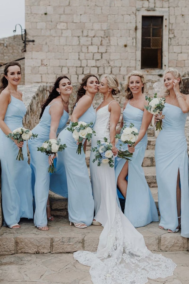 Sheath One Shoulder Chiffon Slit Bridesmaid Dresses