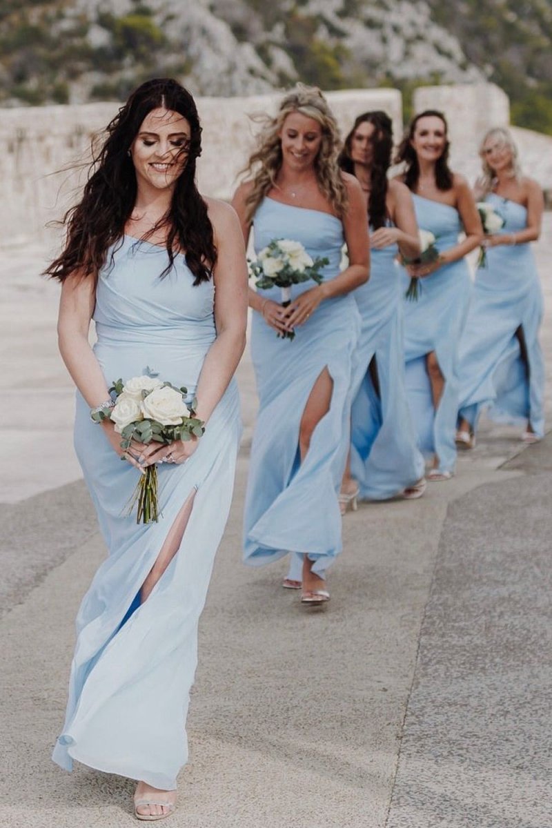 Sheath One Shoulder Chiffon Slit Bridesmaid Dresses