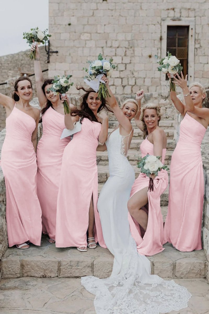Sheath One Shoulder Chiffon Slit Bridesmaid Dresses