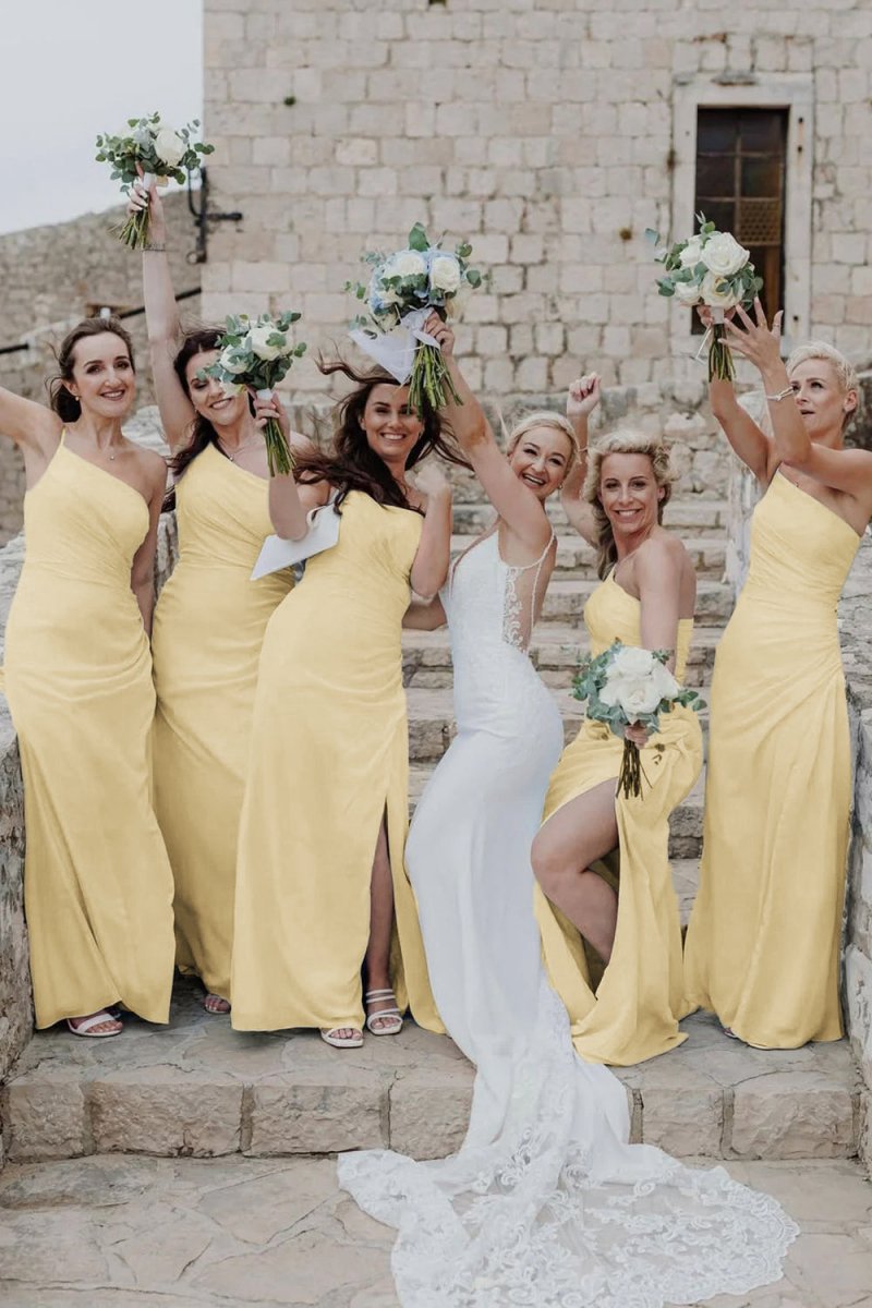 Sheath One Shoulder Chiffon Slit Bridesmaid Dresses
