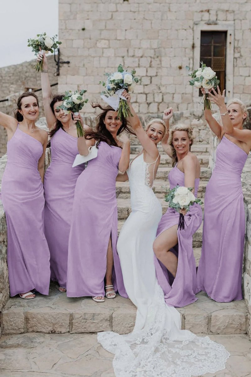 Sheath One Shoulder Chiffon Slit Bridesmaid Dresses