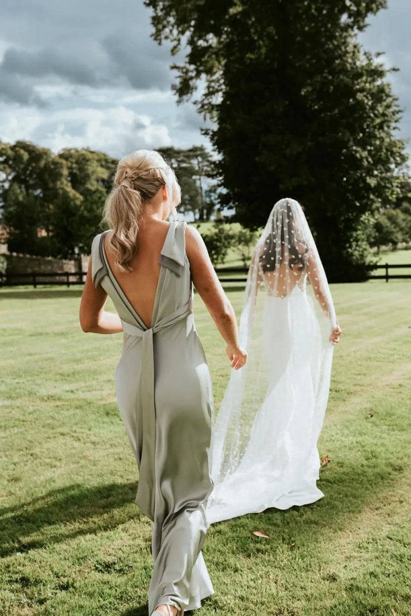 Sheath V Neck Sage Silk Satin Bridesmaid Dresses with Bow