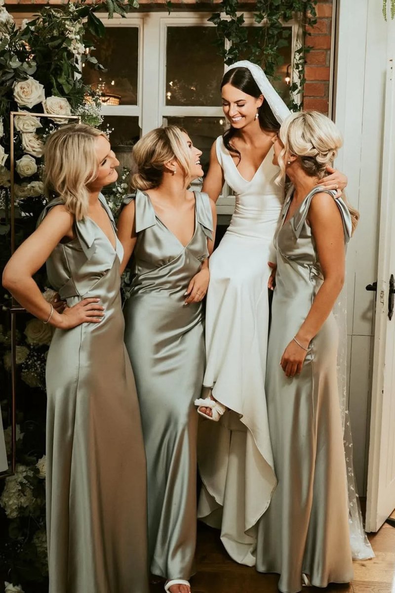 Sheath V Neck Sage Silk Satin Bridesmaid Dresses with Bow