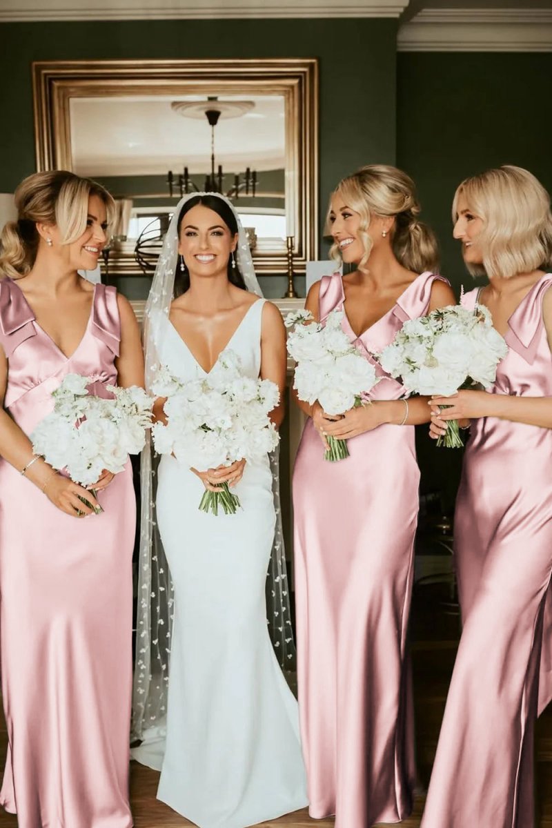 Sheath V Neck Sage Silk Satin Bridesmaid Dresses with Bow