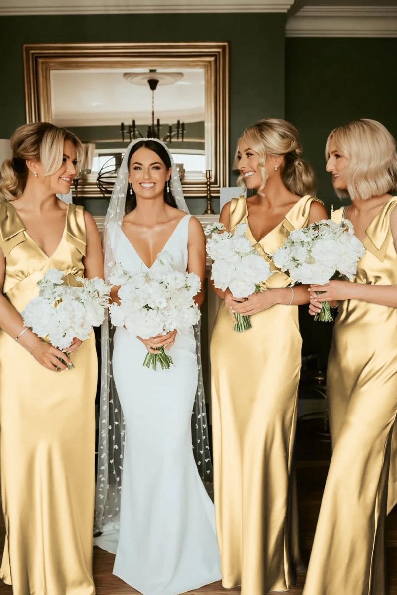 Sheath V Neck Sage Silk Satin Bridesmaid Dresses with Bow
