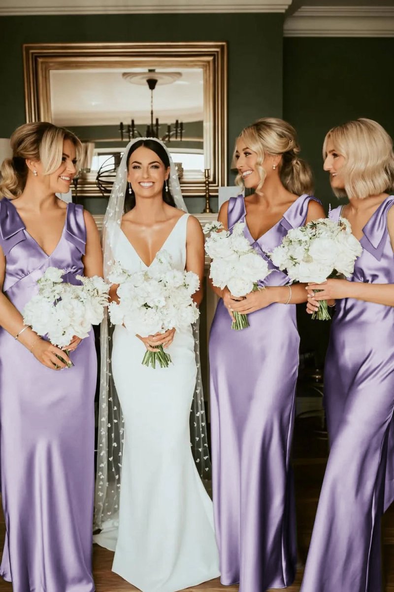 Sheath V Neck Sage Silk Satin Bridesmaid Dresses with Bow