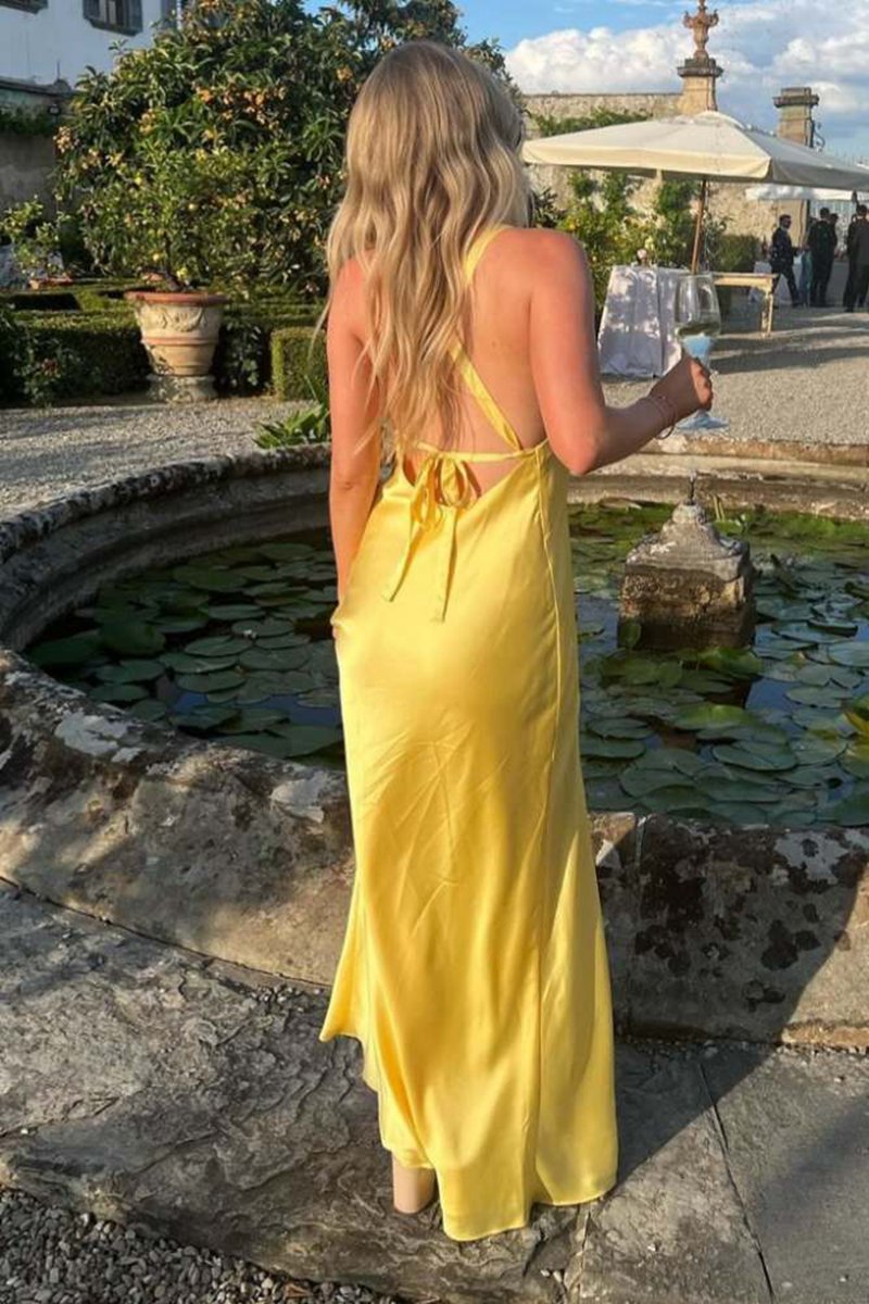 Sheath V-Neck Tie -Back Maxi Dresses with Slit in Yellow