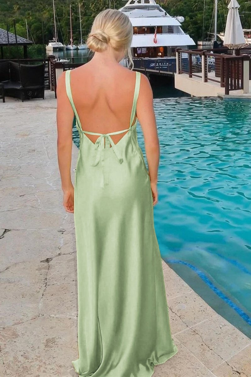Sheath V-Neck Tie -Back Maxi Dresses with Slit in Yellow