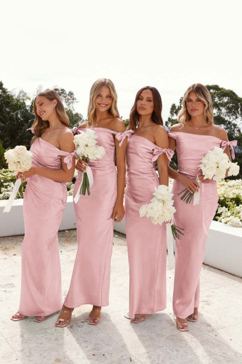 Off-Shoulder Sheath Pleated Satin Long Bridesmaid Dresses