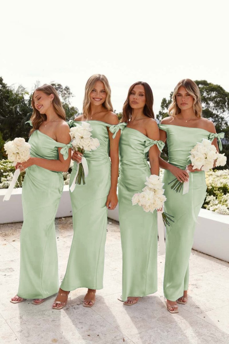 Off-Shoulder Sheath Pleated Satin Long Bridesmaid Dresses