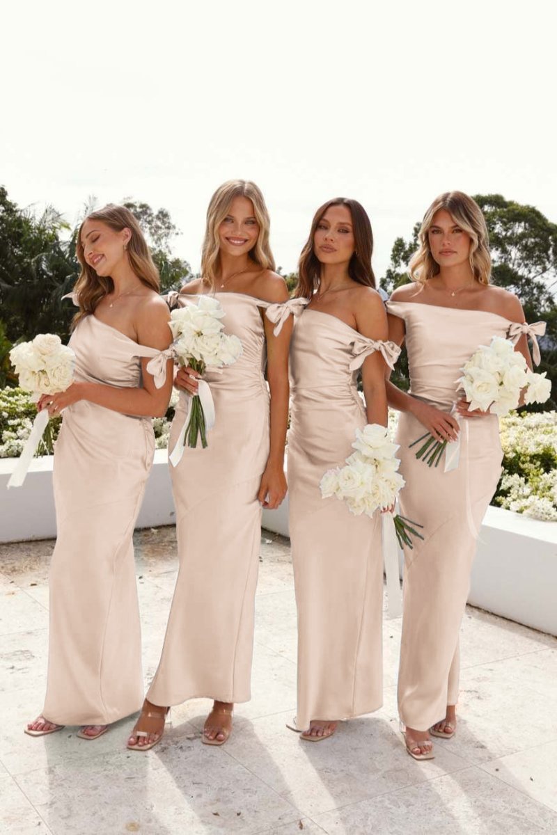 Off-Shoulder Sheath Pleated Satin Long Bridesmaid Dresses