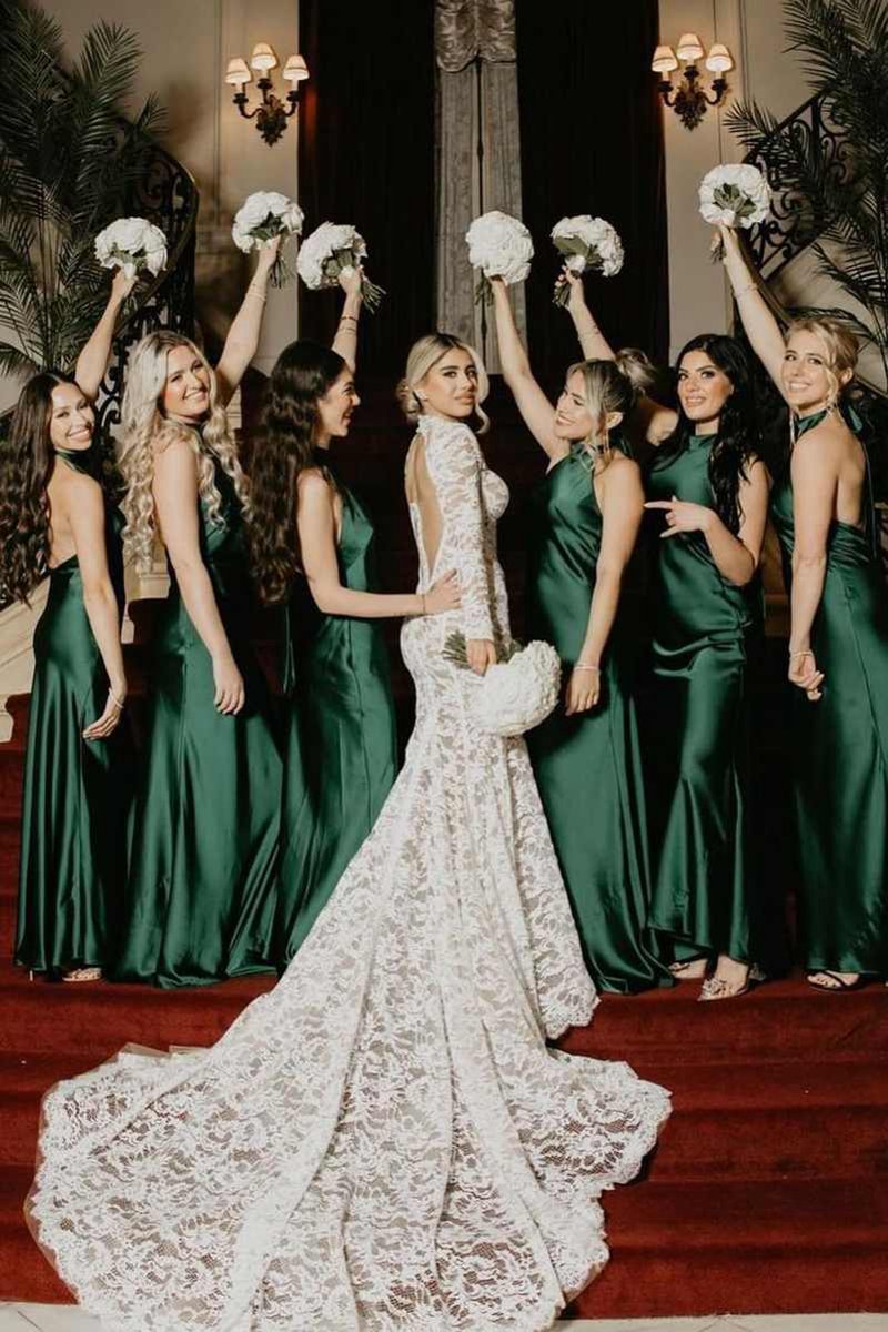 Halter Satin Pleated Mermaid Sleeveless Long Bridesmaid Dresses