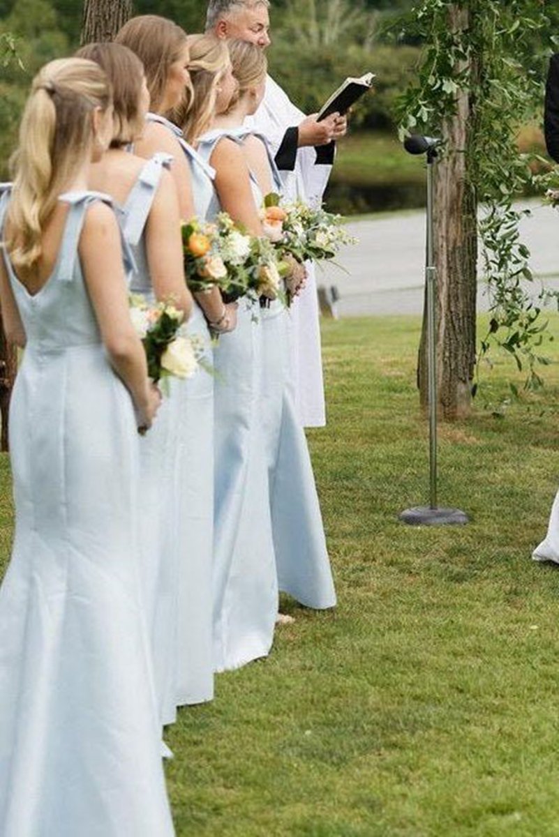 Mermaid Straps Bows Pleats Satin Sleeveless Long Bridesmaid Dresses with Slit