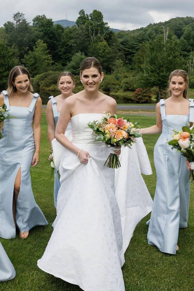 Mermaid Straps Bows Pleats Satin Sleeveless Long Bridesmaid Dresses with Slit