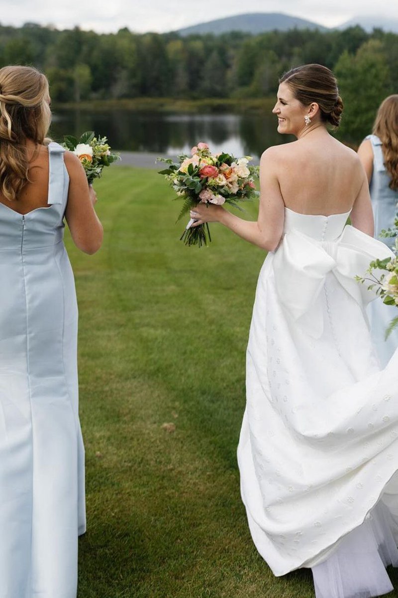 Mermaid Straps Bows Pleats Satin Sleeveless Long Bridesmaid Dresses with Slit