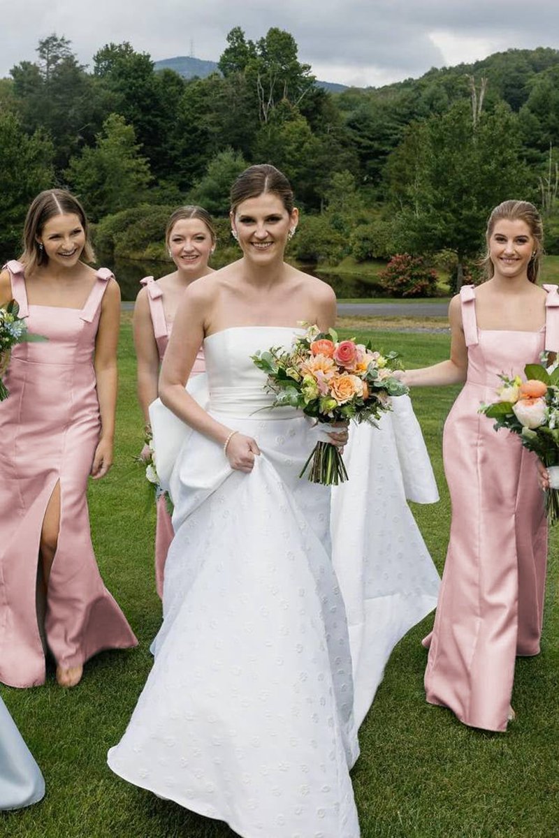 Mermaid Straps Bows Pleats Satin Sleeveless Long Bridesmaid Dresses with Slit