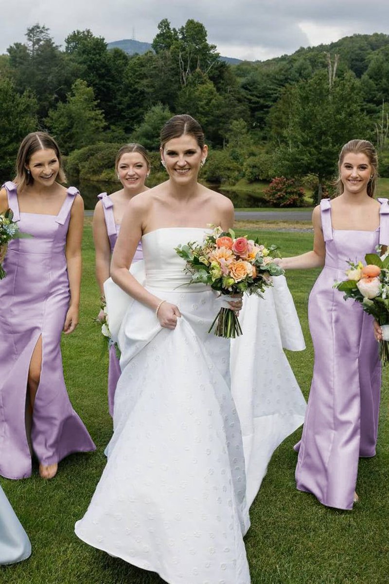 Mermaid Straps Bows Pleats Satin Sleeveless Long Bridesmaid Dresses with Slit