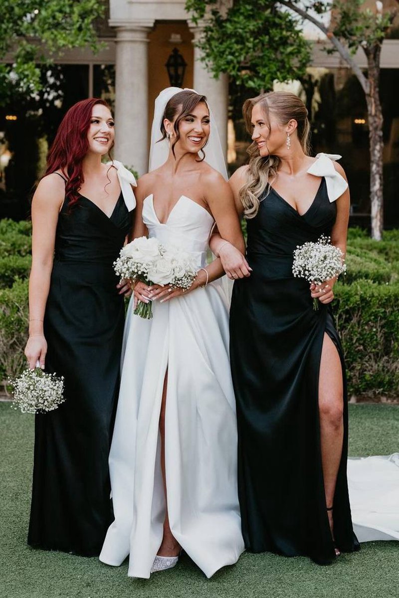 V-Neck Mermaid Spaghetti Straps Satin Long Bridesmaid Dresses with Bow