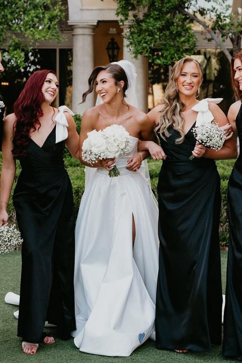 V-Neck Mermaid Spaghetti Straps Satin Long Bridesmaid Dresses with Bow