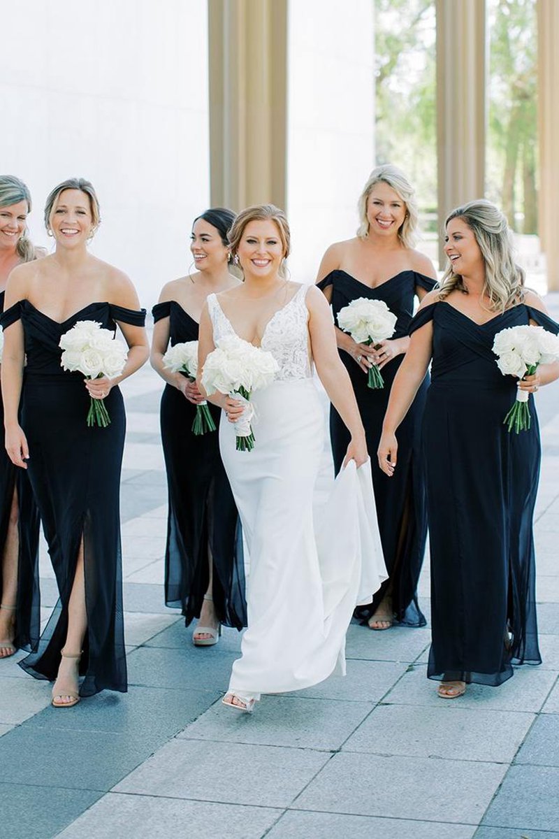 Mermaid Off-Shoulder Side Slit V-Neck Chiffon Long Bridesmaid Dresses