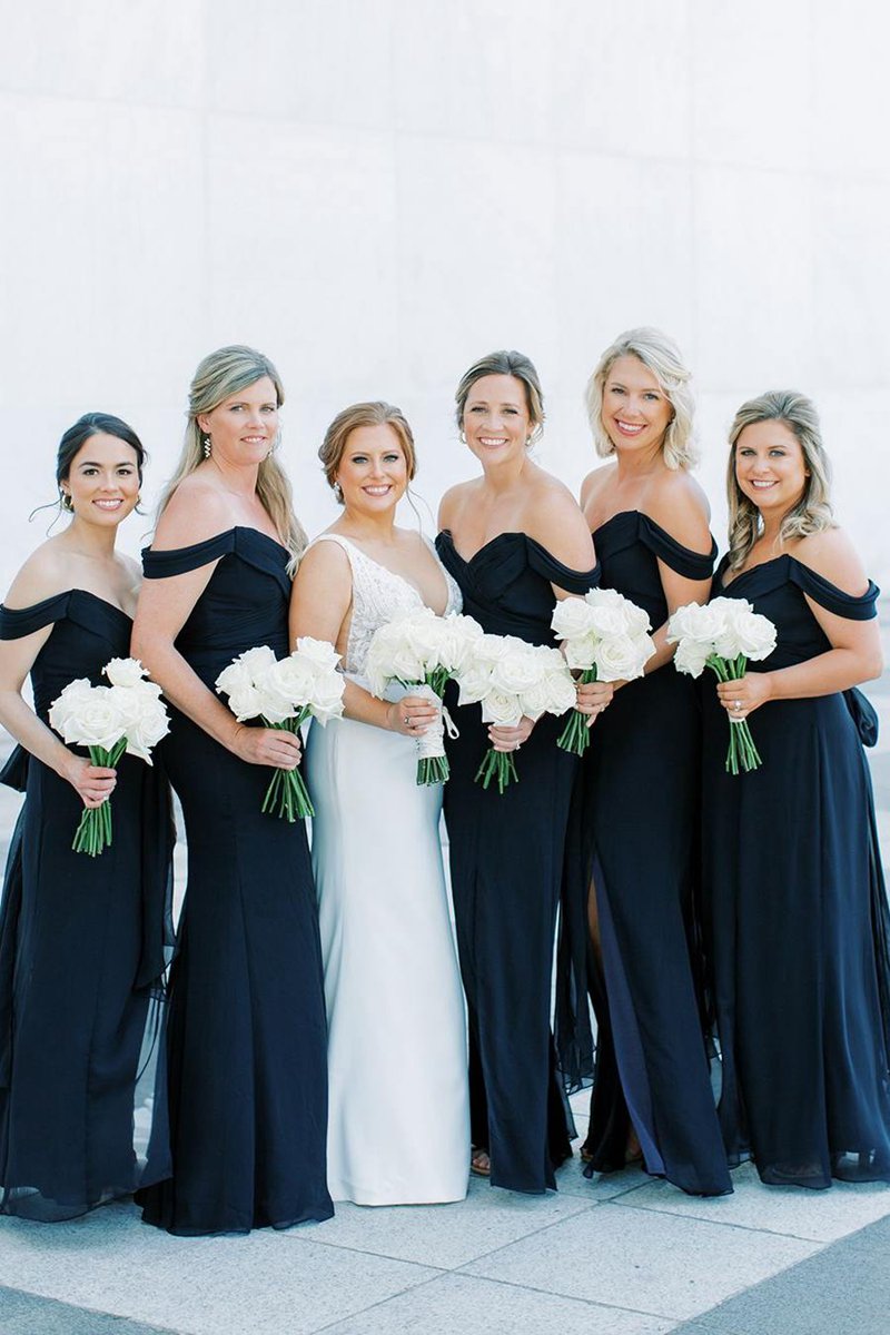Mermaid Off-Shoulder Side Slit V-Neck Chiffon Long Bridesmaid Dresses