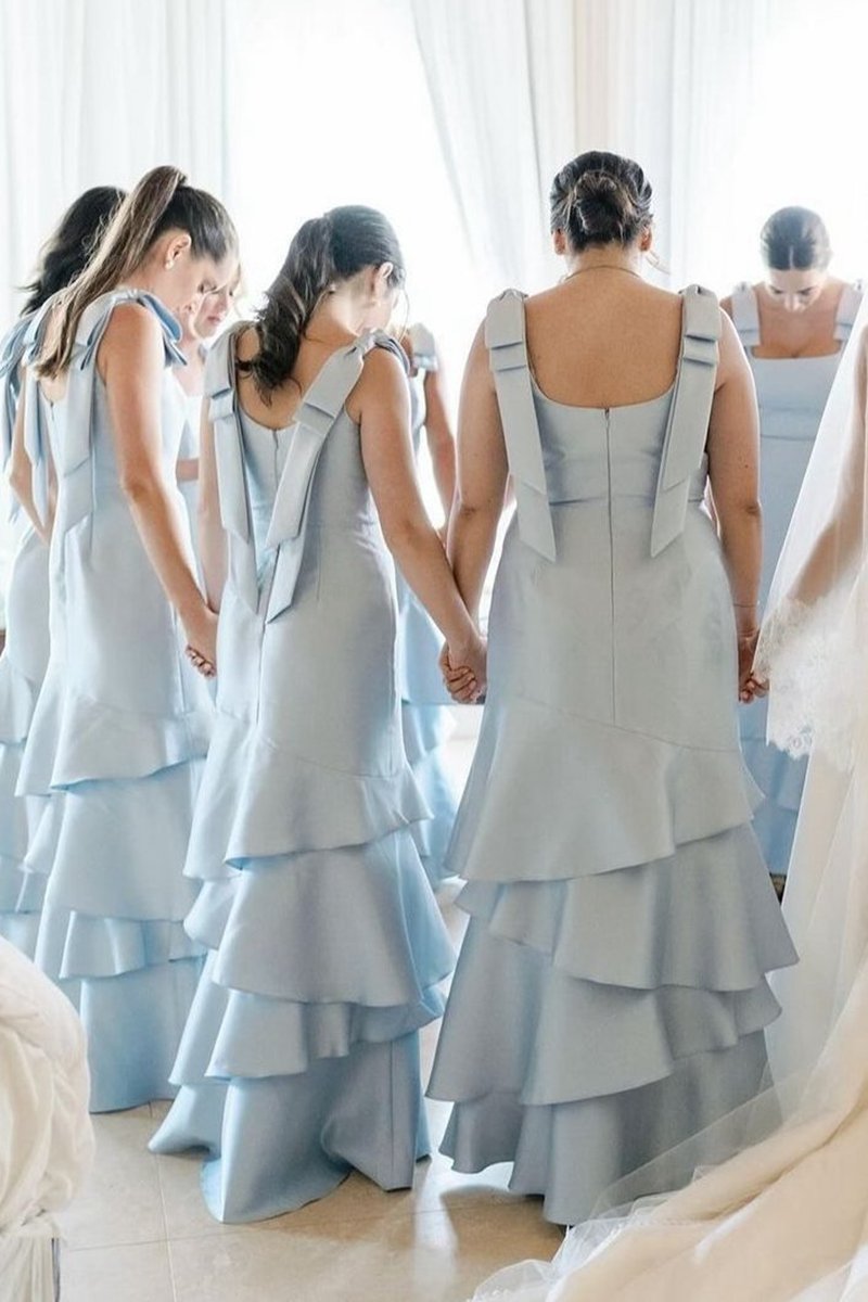 Straps with Bows Mermaid Satin Tie Long Bridesmaid Dresses
