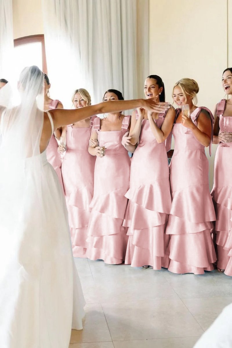 Straps with Bows Mermaid Satin Tie Long Bridesmaid Dresses