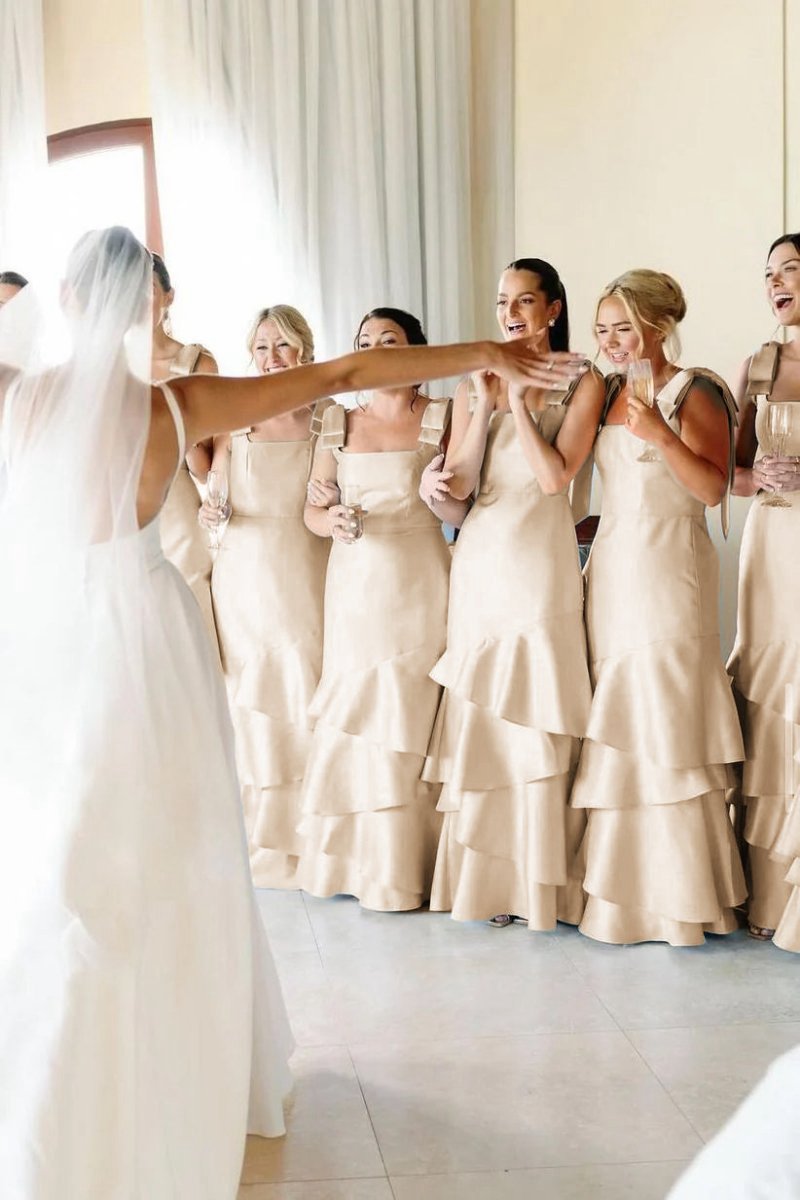 Straps with Bows Mermaid Satin Tie Long Bridesmaid Dresses