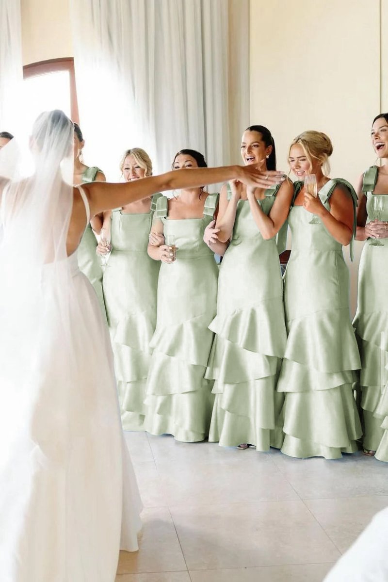 Straps with Bows Mermaid Satin Tie Long Bridesmaid Dresses