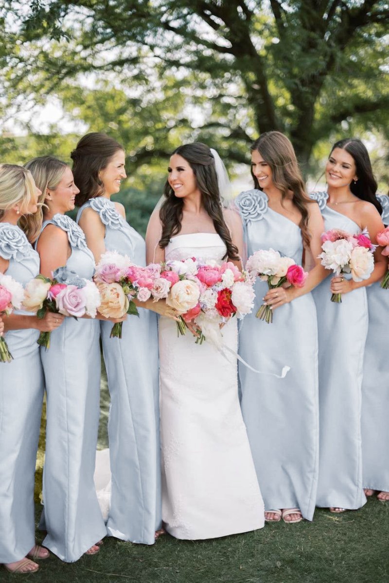 One Shoulder Sheath Flower Sleeveless Satin Long Bridesmaid Dresses
