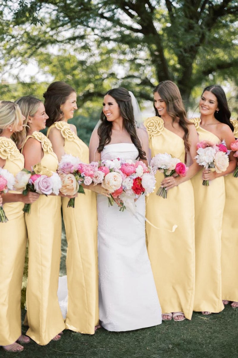 One Shoulder Sheath Flower Sleeveless Satin Long Bridesmaid Dresses