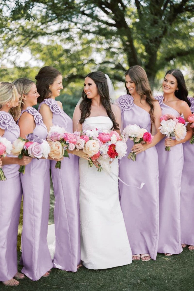One Shoulder Sheath Flower Sleeveless Satin Long Bridesmaid Dresses