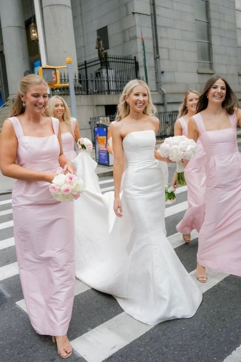 Straps Sheath Square Neck Satin Sleeveless Long Bridesmaid Dresses