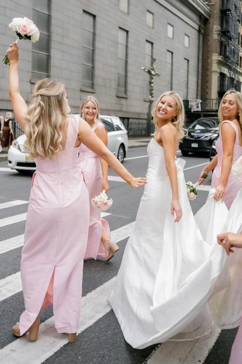 Straps Sheath Square Neck Satin Sleeveless Long Bridesmaid Dresses