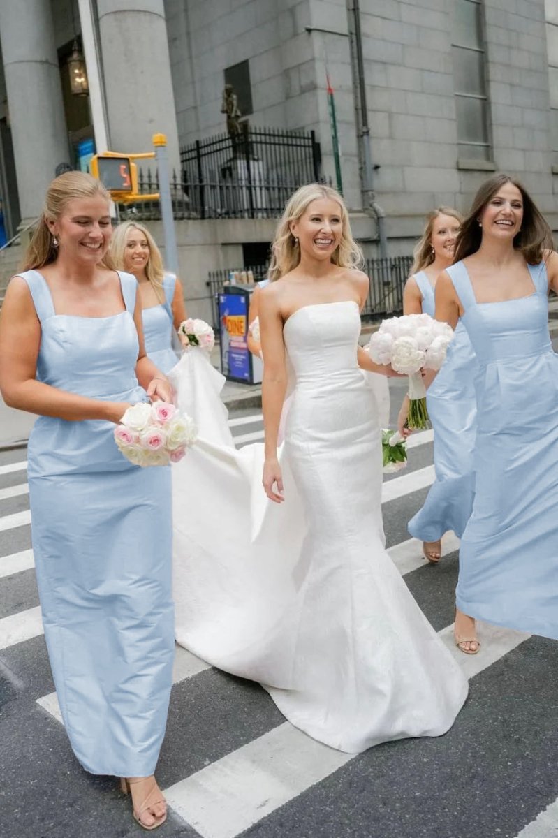 Straps Sheath Square Neck Satin Sleeveless Long Bridesmaid Dresses