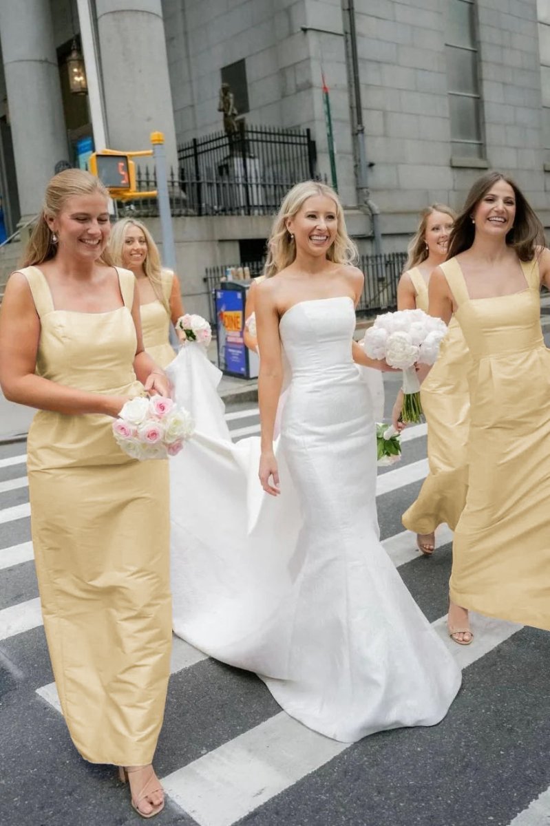 Straps Sheath Square Neck Satin Sleeveless Long Bridesmaid Dresses