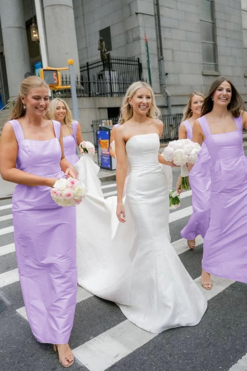 Straps Sheath Square Neck Satin Sleeveless Long Bridesmaid Dresses