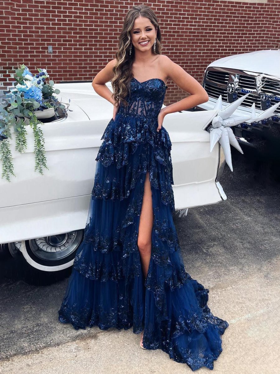 Sweetheart Appliques A-line Ruffle Long Prom Dresses